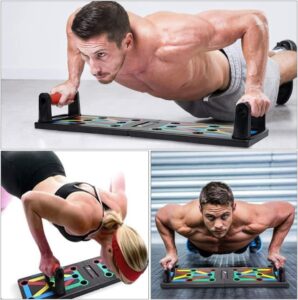 Man and woman working out side by side, doing push ups on a board.