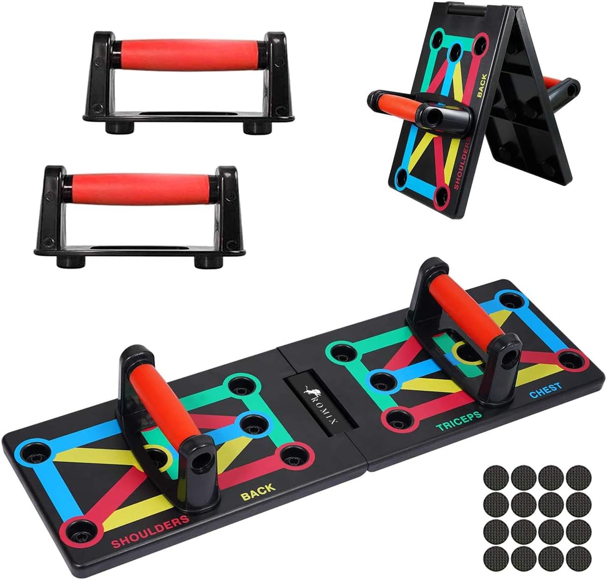 Variety of colored plastic handles and black push up board.