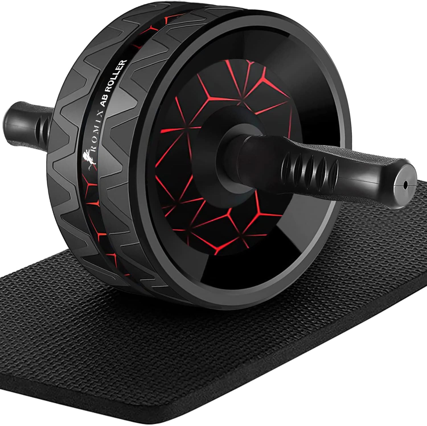 A black and red exercise wheel on a black mat, providing a fitness tool for physical activity.