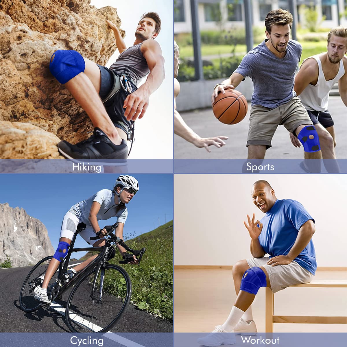 Four people wearing knee braces for support and stability.