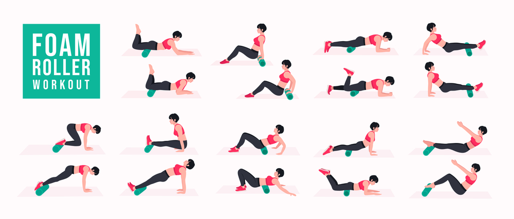 Foam Roller Workout. women exercise vector set. Women doing fitness and yoga exercises. Lunges, Pushups, Squats, Dumbbell rows, Burpees, Side planks, Glute bridge, Leg Raise, Russian Twist .etc